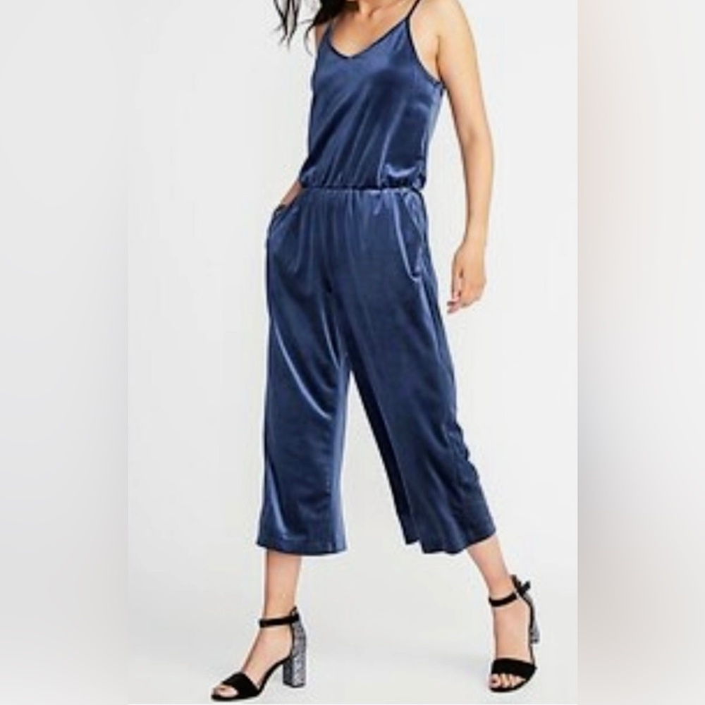 Old Navy Blue Velour Velvet Jumper Wide Leg Spaghetti Strap Jumpsuit S